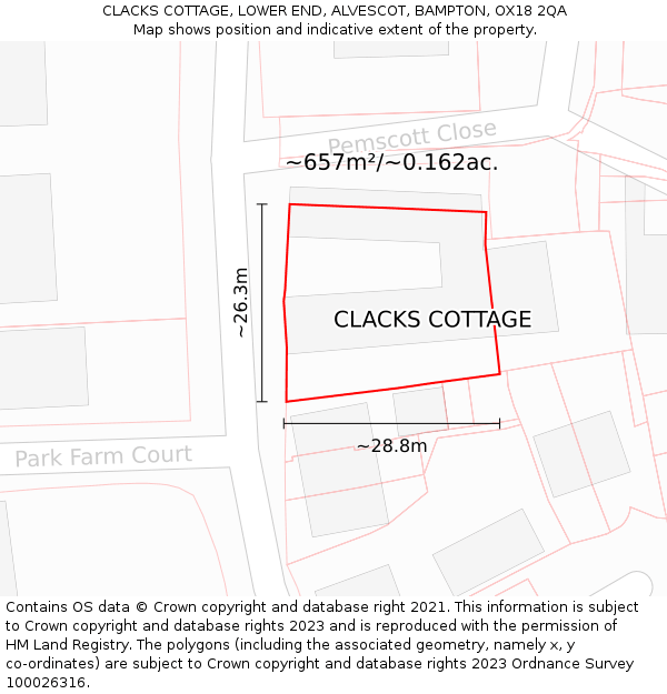 CLACKS COTTAGE, LOWER END, ALVESCOT, BAMPTON, OX18 2QA: Plot and title map