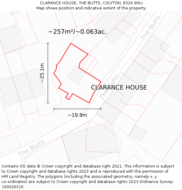 CLARANCE HOUSE, THE BUTTS, COLYTON, EX24 6NU: Plot and title map