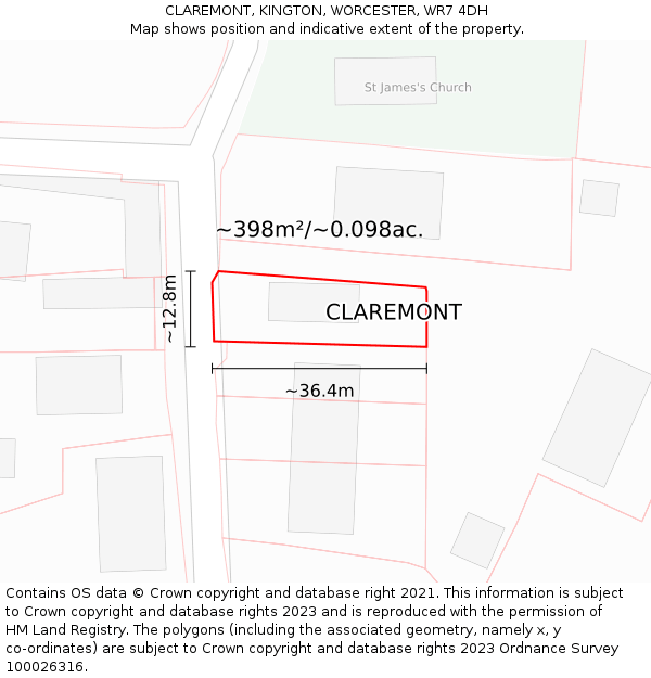 CLAREMONT, KINGTON, WORCESTER, WR7 4DH: Plot and title map