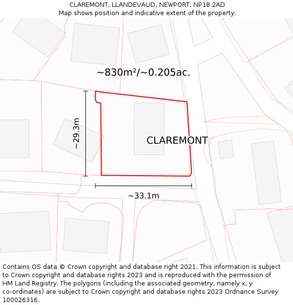 CLAREMONT, LLANDEVAUD, NEWPORT, NP18 2AD: Plot and title map