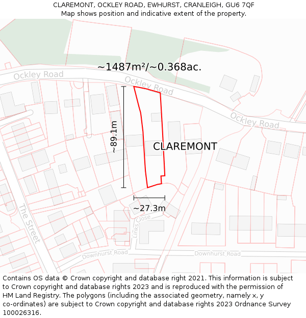 CLAREMONT, OCKLEY ROAD, EWHURST, CRANLEIGH, GU6 7QF: Plot and title map