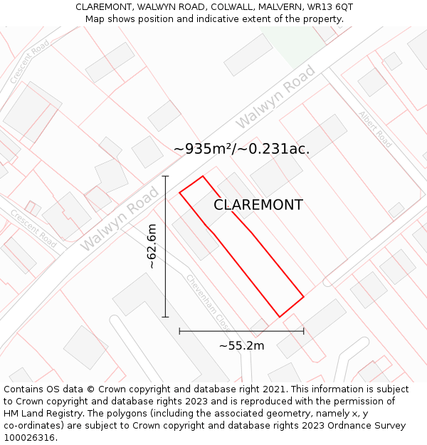 CLAREMONT, WALWYN ROAD, COLWALL, MALVERN, WR13 6QT: Plot and title map