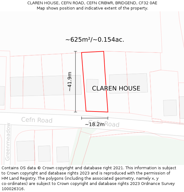 CLAREN HOUSE, CEFN ROAD, CEFN CRIBWR, BRIDGEND, CF32 0AE: Plot and title map