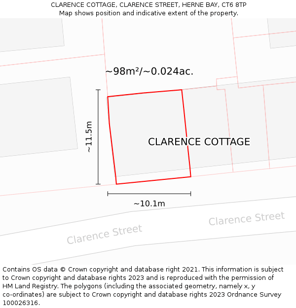 CLARENCE COTTAGE, CLARENCE STREET, HERNE BAY, CT6 8TP: Plot and title map