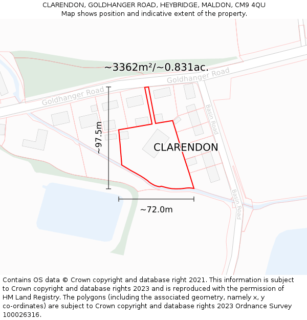 CLARENDON, GOLDHANGER ROAD, HEYBRIDGE, MALDON, CM9 4QU: Plot and title map