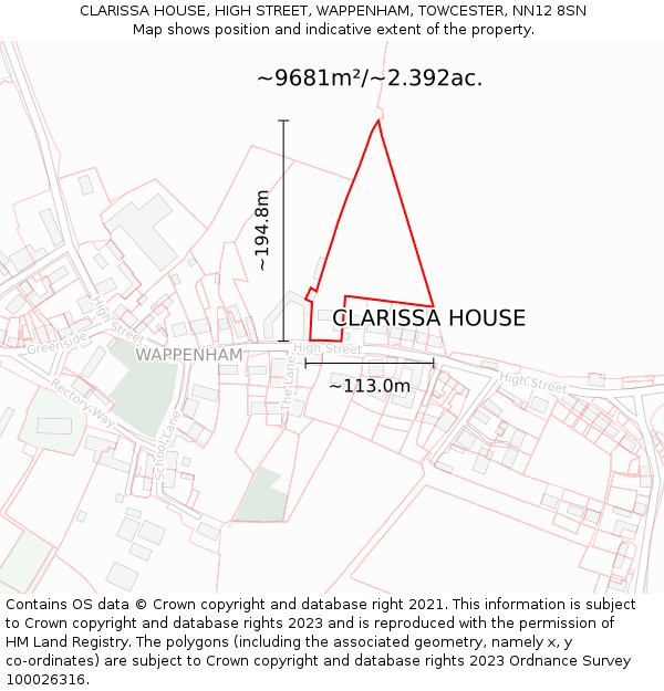 CLARISSA HOUSE, HIGH STREET, WAPPENHAM, TOWCESTER, NN12 8SN: Plot and title map