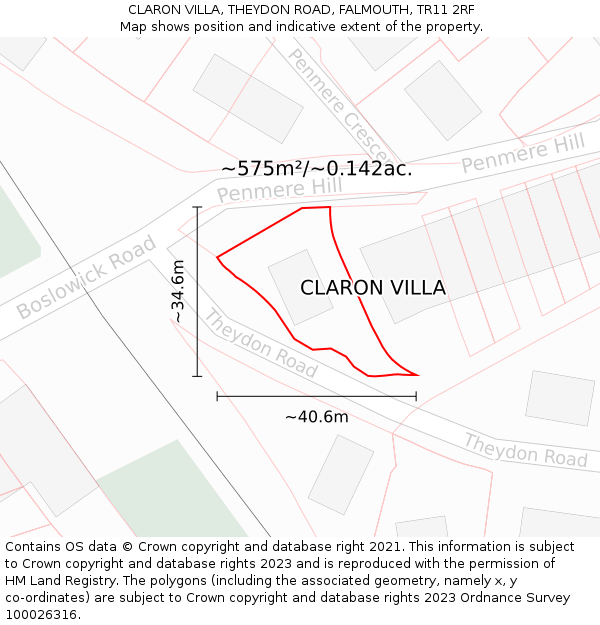 CLARON VILLA, THEYDON ROAD, FALMOUTH, TR11 2RF: Plot and title map
