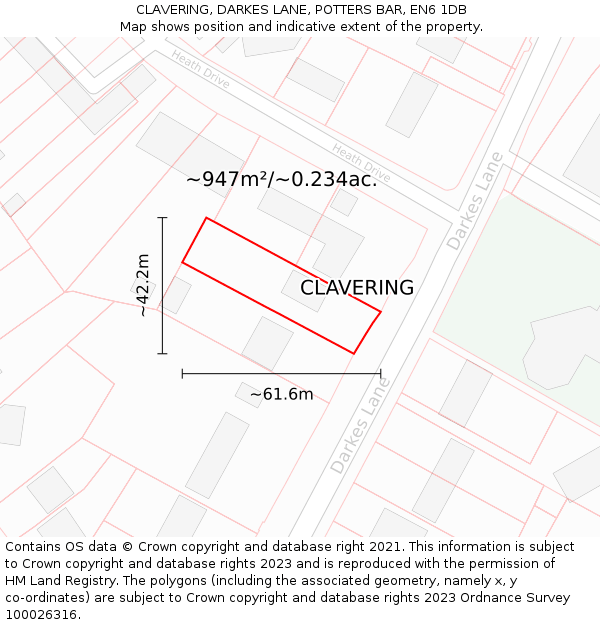 CLAVERING, DARKES LANE, POTTERS BAR, EN6 1DB: Plot and title map