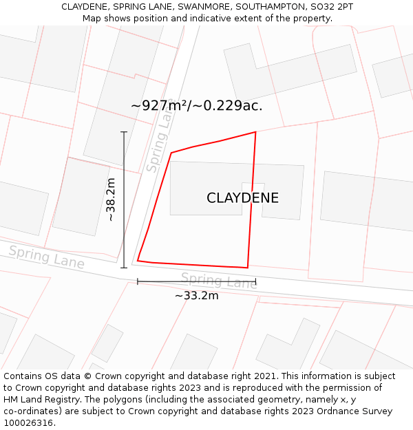 CLAYDENE, SPRING LANE, SWANMORE, SOUTHAMPTON, SO32 2PT: Plot and title map