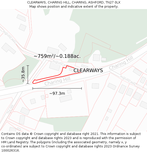 CLEARWAYS, CHARING HILL, CHARING, ASHFORD, TN27 0LX: Plot and title map