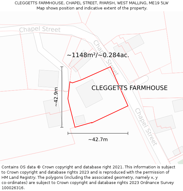 CLEGGETTS FARMHOUSE, CHAPEL STREET, RYARSH, WEST MALLING, ME19 5LW: Plot and title map