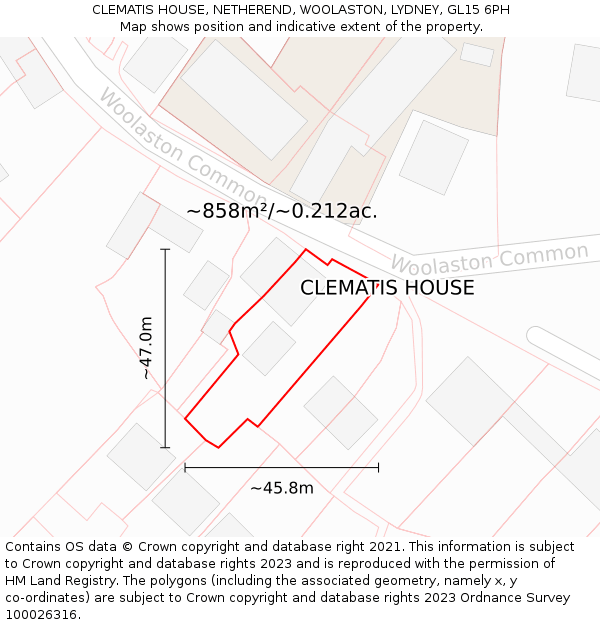 CLEMATIS HOUSE, NETHEREND, WOOLASTON, LYDNEY, GL15 6PH: Plot and title map