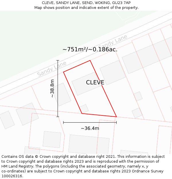CLEVE, SANDY LANE, SEND, WOKING, GU23 7AP: Plot and title map