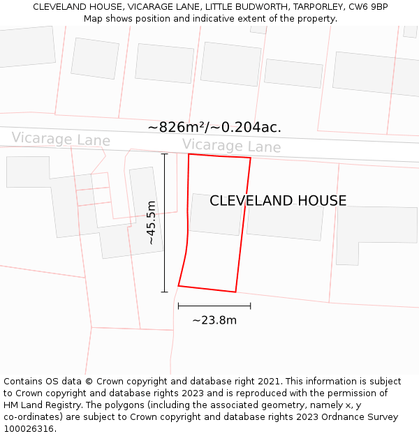 CLEVELAND HOUSE, VICARAGE LANE, LITTLE BUDWORTH, TARPORLEY, CW6 9BP: Plot and title map