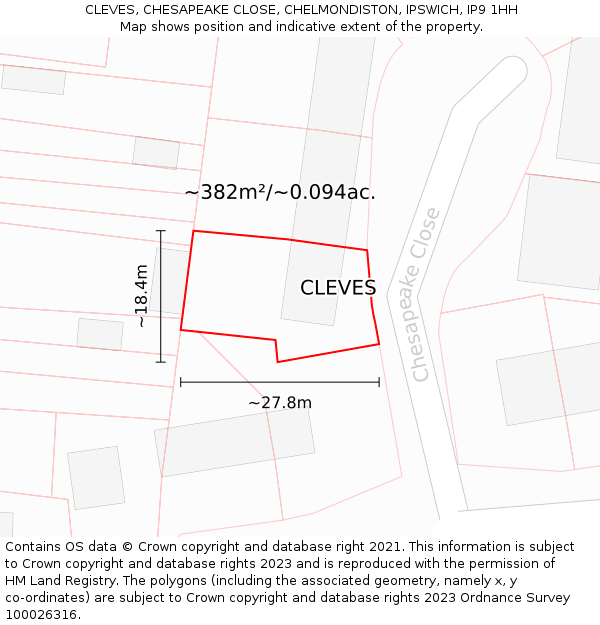 CLEVES, CHESAPEAKE CLOSE, CHELMONDISTON, IPSWICH, IP9 1HH: Plot and title map