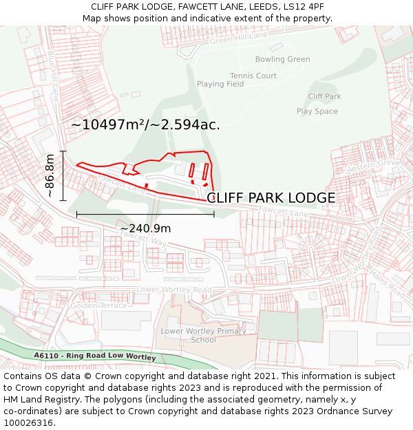 CLIFF PARK LODGE, FAWCETT LANE, LEEDS, LS12 4PF: Plot and title map