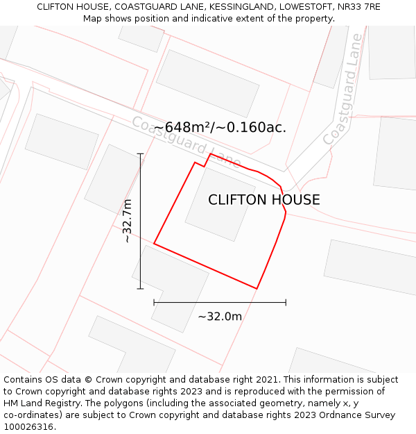 CLIFTON HOUSE, COASTGUARD LANE, KESSINGLAND, LOWESTOFT, NR33 7RE: Plot and title map