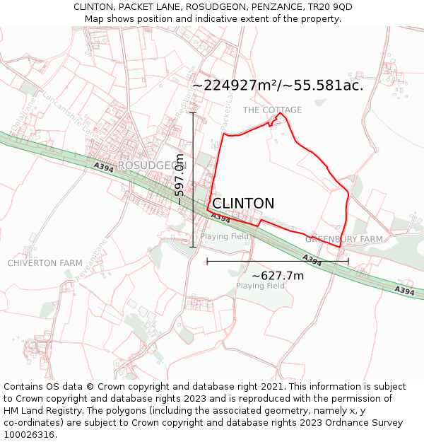CLINTON, PACKET LANE, ROSUDGEON, PENZANCE, TR20 9QD: Plot and title map