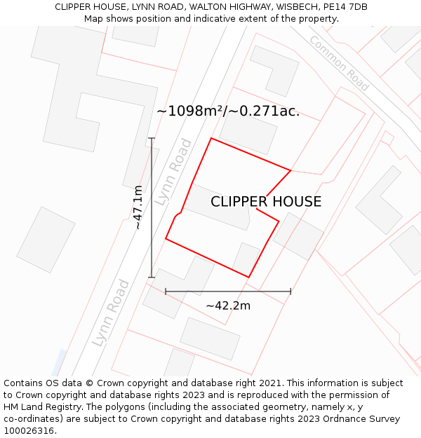 CLIPPER HOUSE, LYNN ROAD, WALTON HIGHWAY, WISBECH, PE14 7DB: Plot and title map