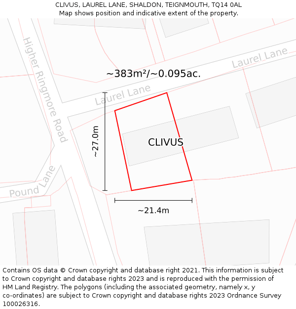 CLIVUS, LAUREL LANE, SHALDON, TEIGNMOUTH, TQ14 0AL: Plot and title map