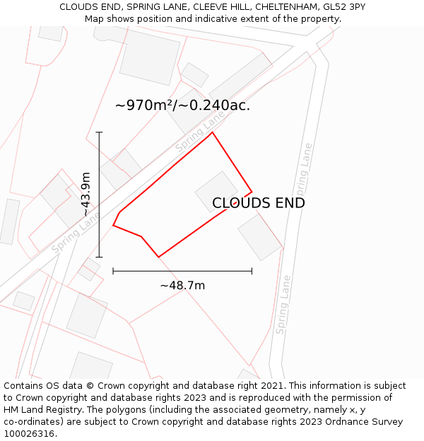 CLOUDS END, SPRING LANE, CLEEVE HILL, CHELTENHAM, GL52 3PY: Plot and title map