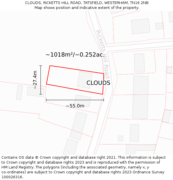 CLOUDS, RICKETTS HILL ROAD, TATSFIELD, WESTERHAM, TN16 2NB: Plot and title map