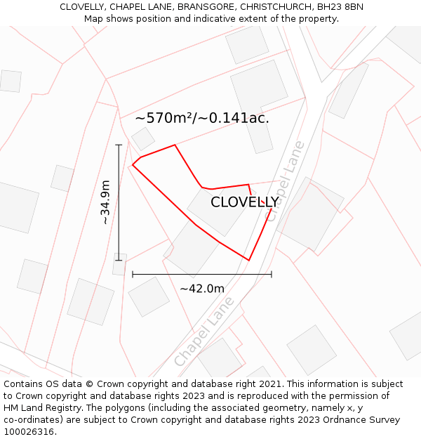 CLOVELLY, CHAPEL LANE, BRANSGORE, CHRISTCHURCH, BH23 8BN: Plot and title map