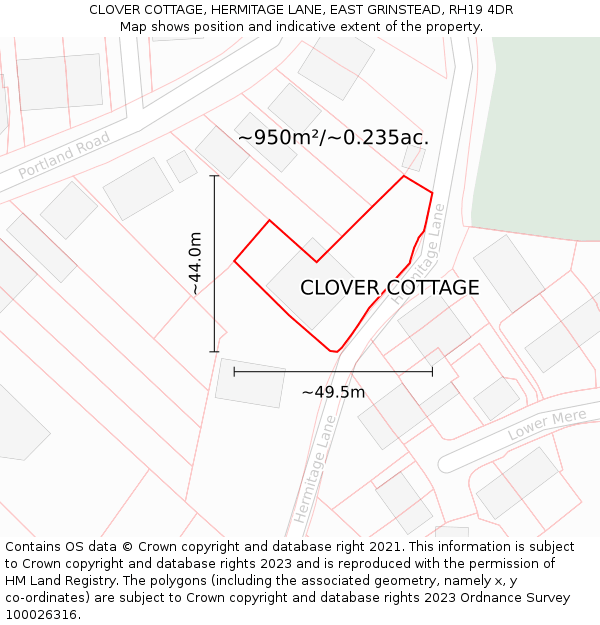 CLOVER COTTAGE, HERMITAGE LANE, EAST GRINSTEAD, RH19 4DR: Plot and title map