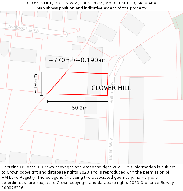 CLOVER HILL, BOLLIN WAY, PRESTBURY, MACCLESFIELD, SK10 4BX: Plot and title map