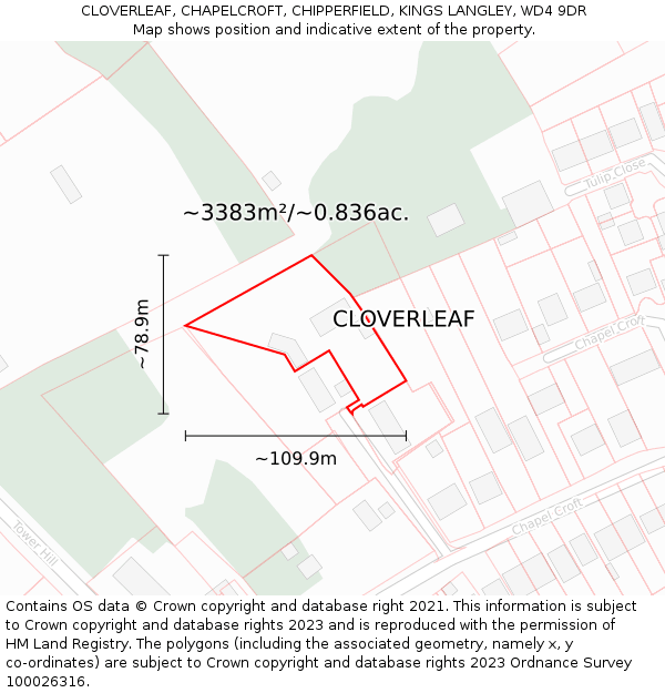CLOVERLEAF, CHAPELCROFT, CHIPPERFIELD, KINGS LANGLEY, WD4 9DR: Plot and title map