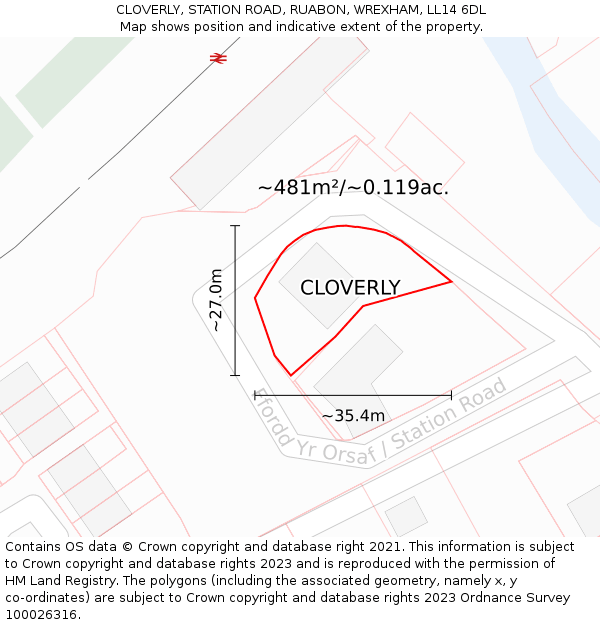 CLOVERLY, STATION ROAD, RUABON, WREXHAM, LL14 6DL: Plot and title map