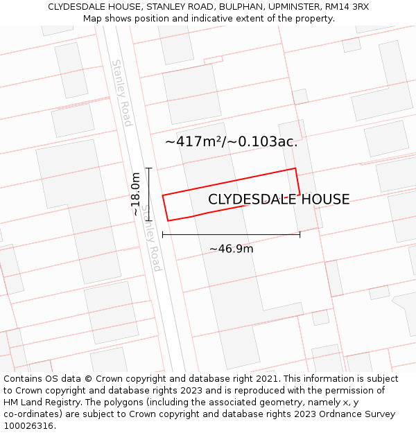 CLYDESDALE HOUSE, STANLEY ROAD, BULPHAN, UPMINSTER, RM14 3RX: Plot and title map