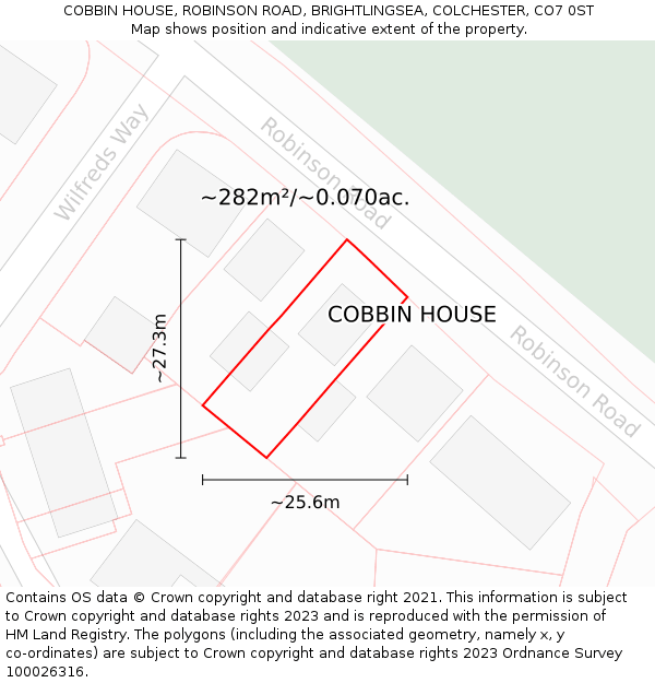 COBBIN HOUSE, ROBINSON ROAD, BRIGHTLINGSEA, COLCHESTER, CO7 0ST: Plot and title map