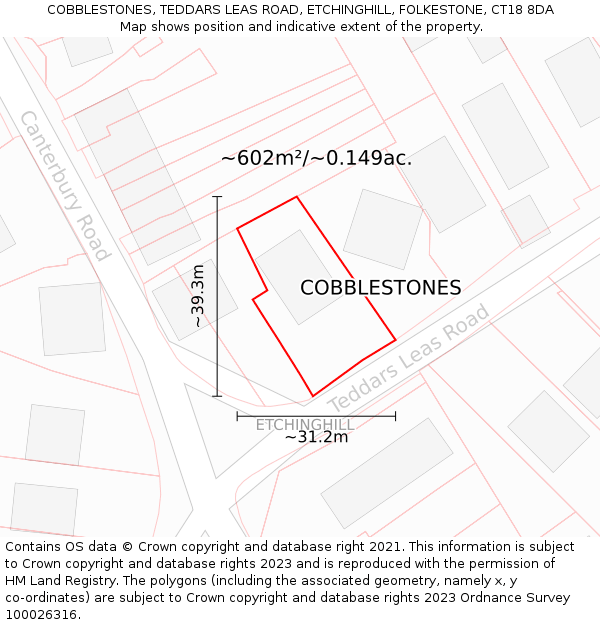 COBBLESTONES, TEDDARS LEAS ROAD, ETCHINGHILL, FOLKESTONE, CT18 8DA: Plot and title map