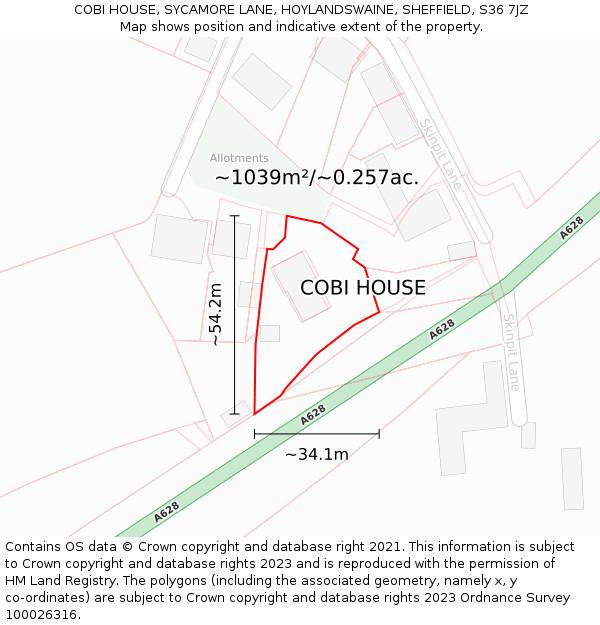 COBI HOUSE, SYCAMORE LANE, HOYLANDSWAINE, SHEFFIELD, S36 7JZ: Plot and title map