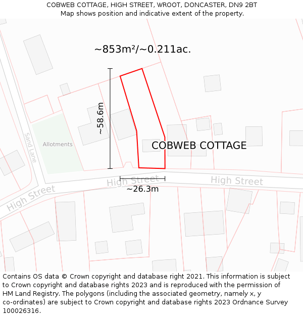 COBWEB COTTAGE, HIGH STREET, WROOT, DONCASTER, DN9 2BT: Plot and title map