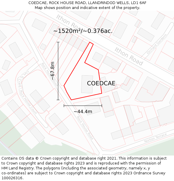 COEDCAE, ROCK HOUSE ROAD, LLANDRINDOD WELLS, LD1 6AF: Plot and title map