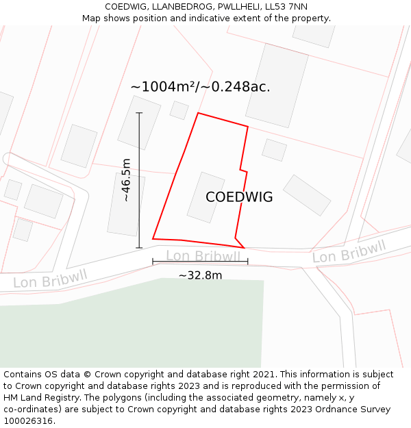 COEDWIG, LLANBEDROG, PWLLHELI, LL53 7NN: Plot and title map