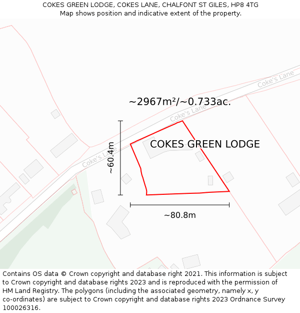 COKES GREEN LODGE, COKES LANE, CHALFONT ST GILES, HP8 4TG: Plot and title map