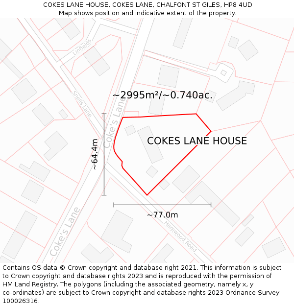 COKES LANE HOUSE, COKES LANE, CHALFONT ST GILES, HP8 4UD: Plot and title map
