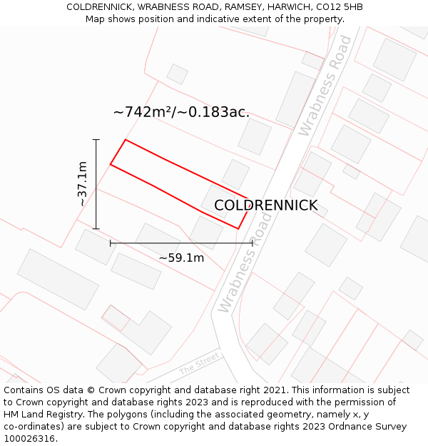 COLDRENNICK, WRABNESS ROAD, RAMSEY, HARWICH, CO12 5HB: Plot and title map