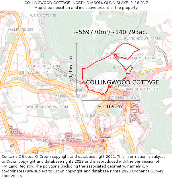 COLLINGWOOD COTTAGE, NORTH DIMSON, GUNNISLAKE, PL18 9NZ: Plot and title map
