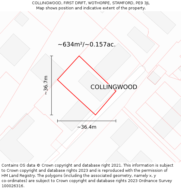COLLINGWOOD, FIRST DRIFT, WOTHORPE, STAMFORD, PE9 3JL: Plot and title map