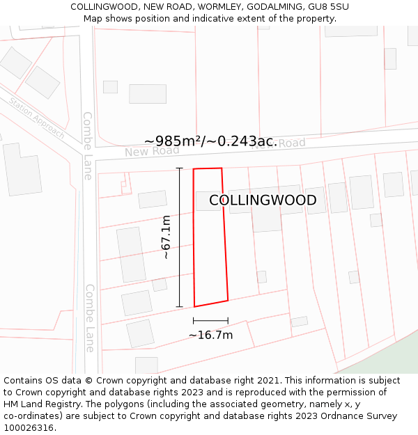 COLLINGWOOD, NEW ROAD, WORMLEY, GODALMING, GU8 5SU: Plot and title map