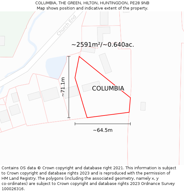COLUMBIA, THE GREEN, HILTON, HUNTINGDON, PE28 9NB: Plot and title map