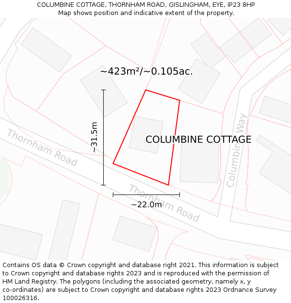 COLUMBINE COTTAGE, THORNHAM ROAD, GISLINGHAM, EYE, IP23 8HP: Plot and title map