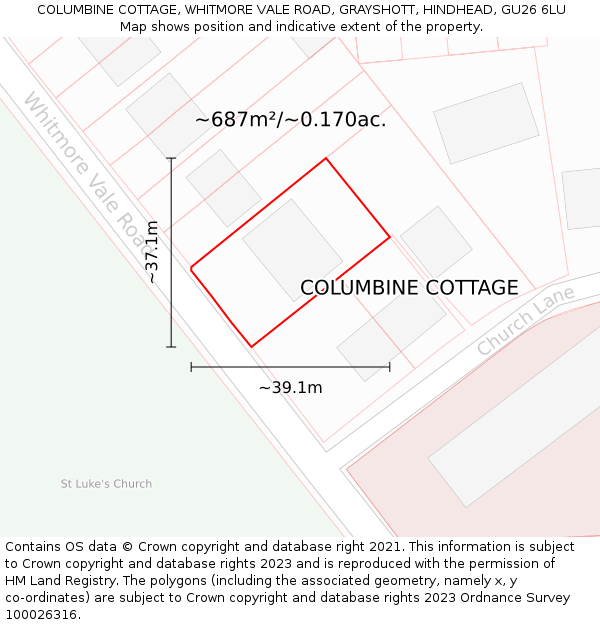 COLUMBINE COTTAGE, WHITMORE VALE ROAD, GRAYSHOTT, HINDHEAD, GU26 6LU: Plot and title map