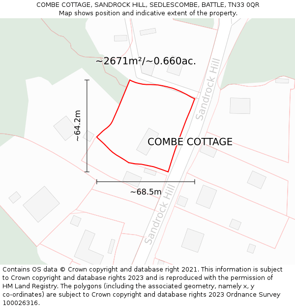 COMBE COTTAGE, SANDROCK HILL, SEDLESCOMBE, BATTLE, TN33 0QR: Plot and title map