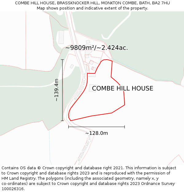 COMBE HILL HOUSE, BRASSKNOCKER HILL, MONKTON COMBE, BATH, BA2 7HU: Plot and title map