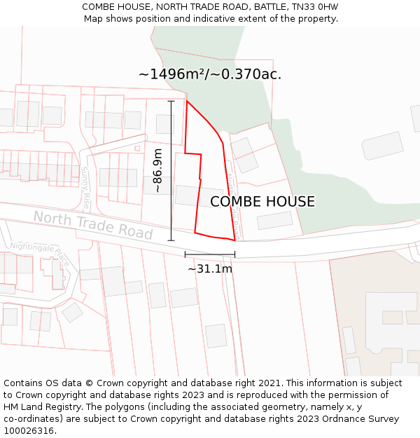 COMBE HOUSE, NORTH TRADE ROAD, BATTLE, TN33 0HW: Plot and title map